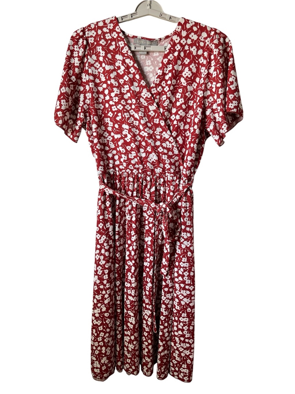 Lark+Grey Floral Wrap Midi Dress Red And White Short Sleeve Tie Waist Belt Sz 3X